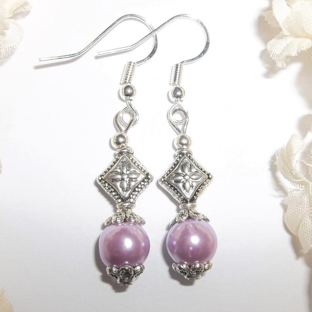 Silver and Purple Pearl Earrings Set Jewelry 6522